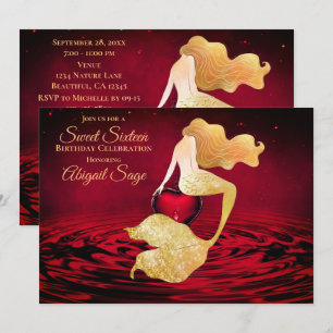Invitation Sirène d'or au coeur rouge doux 16 Anniversaire