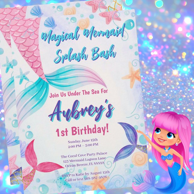 Invitation Sirène douce Anniversaire rose violet Turquoise (Magical Mermaid Birthday Party Invitation)