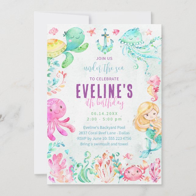 Invitation Sirène et amis sous l'invitation de la mer (Devant)