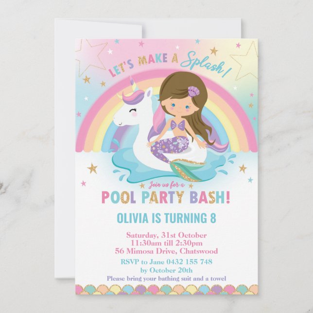 Invitation Sirène et Licorne Fête Piscine Brunette Yeux Bleus (Devant)
