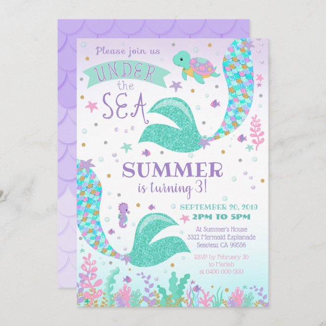 Invitation Sirène, Invitation Fille sous la Mer (Devant / Derrière)