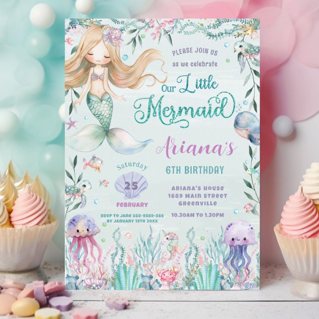 Invitation Sirène lunaire sous la piscine en mer Anniversaire (blonde mermaid under the sea cute ocean creatures pool birthday party invitation cards printed )