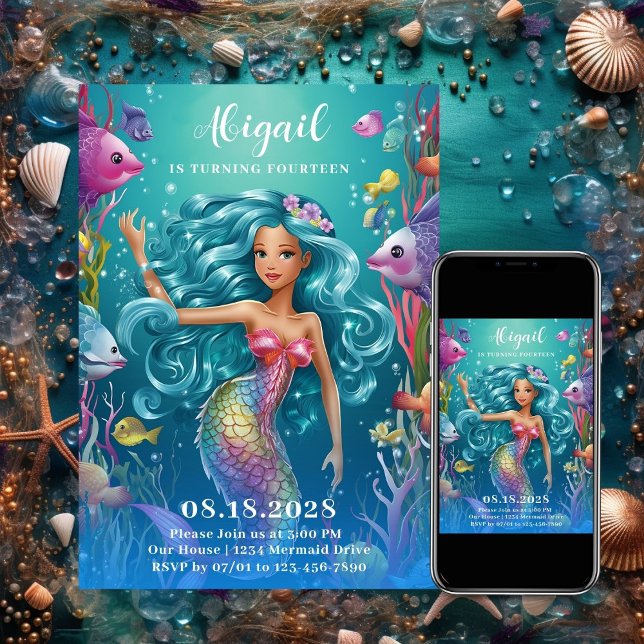 Invitation Sirène lunatique sous la mer Anniversaire (Glamorous Whimsical Mermaid Under the Sea Birthday Invitation)