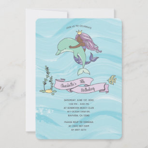 Invitation Sirène mauve à peau foncée avec dauphin Anniversai