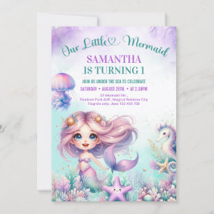 Invitation Sirène mignonne violette pour 1er anniversaire fil