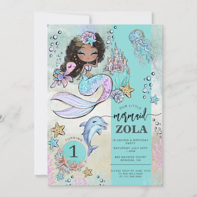Invitation Sirène modifiable sous la mer 1er anniversaire (Devant)