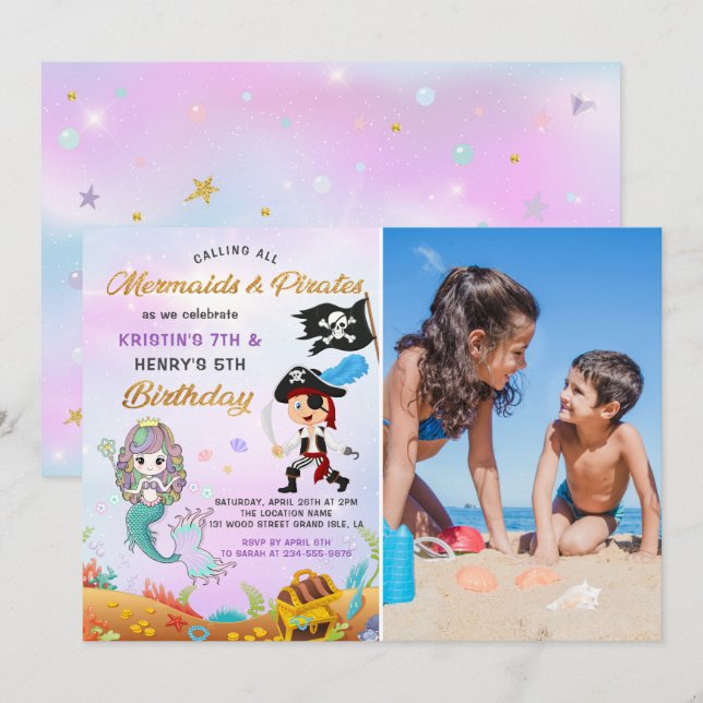 Invitation Sirène & Pirate Sous La Mer Photo Anniversaire (Devant / Derrière)