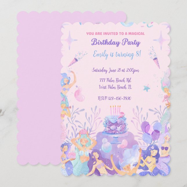 Invitation Sirène pourpre sous la mer Anniversaire (Devant / Derrière)
