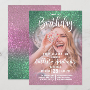 Invitation Sirène Rose Triple Paillettes Ombré Photo Annivers