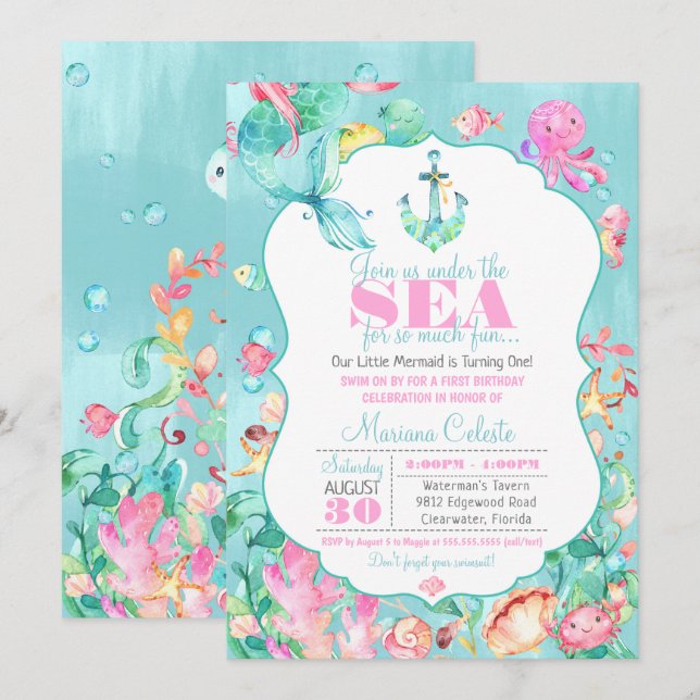 Invitation Sirène sous la mer Nautique premier anniversaire (Devant / Derrière)