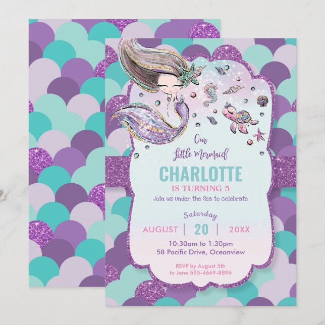 Invitation Sirène sous la piscine de mer Anniversaire fête vi (Devant / Derrière)