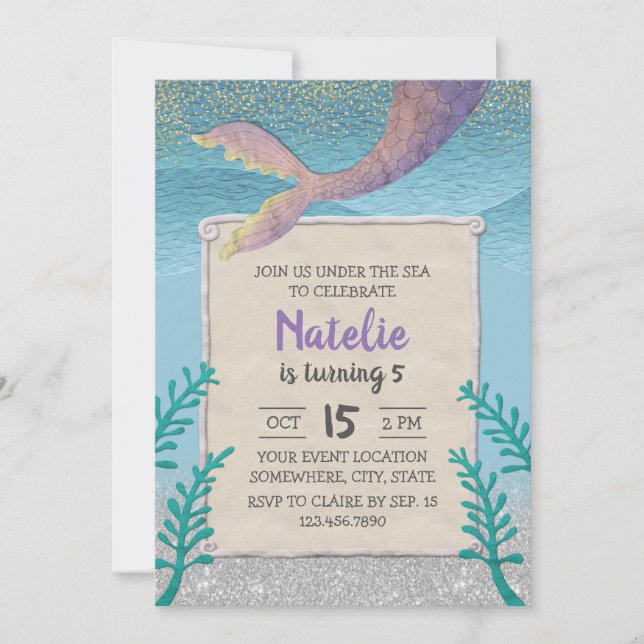 Invitation Sirène sous la Sea Girl 5e fête d'anniversaire (Devant)