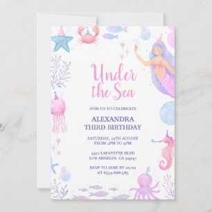 Invitation Sirène sous l'eau aquarelle fille 3ème anniversair