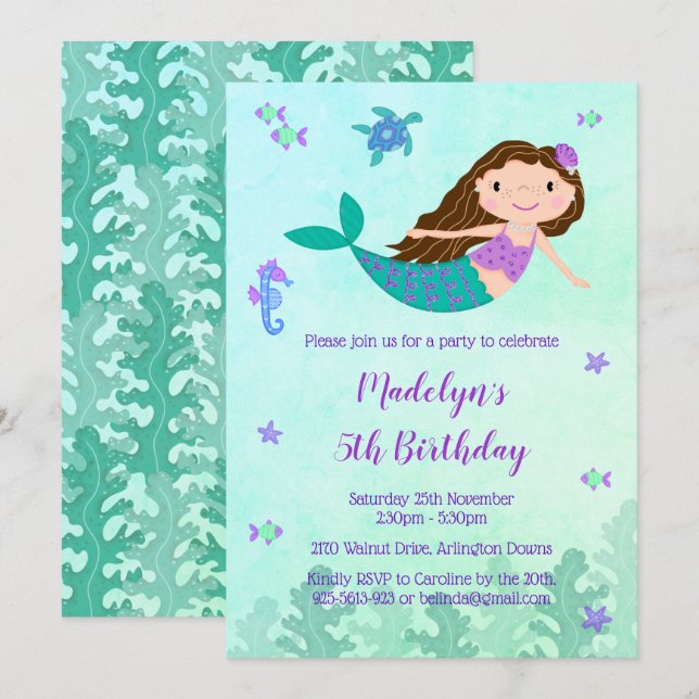 Invitation Sirène Sous L'Invitation De La Fête D'Anniversaire (Devant / Derrière)
