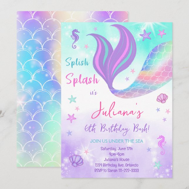 Invitation Sirène Turquoise pourpre sous la mer Anniversaire  (Devant / Derrière)