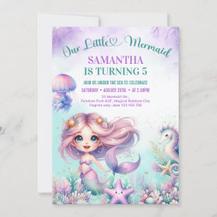 Invitation Sirène violette aquarelle fantaisiste 5ème anniver