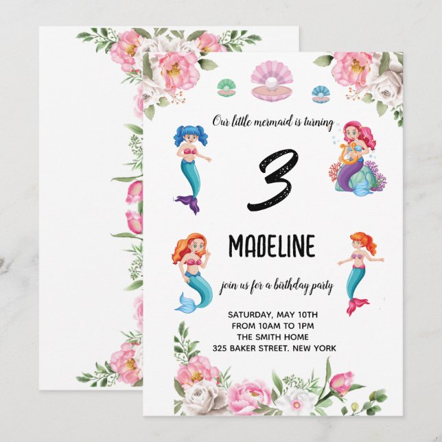 Invitation Sirènes pour les petites filles anniversaire (Devant / Derrière)