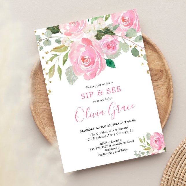 Invitation Siroter et voir les aquarelles florales rose pâle  (Créateur téléchargé)