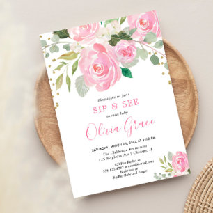 Invitation Siroter et voir les aquarelles florales rose pâle 