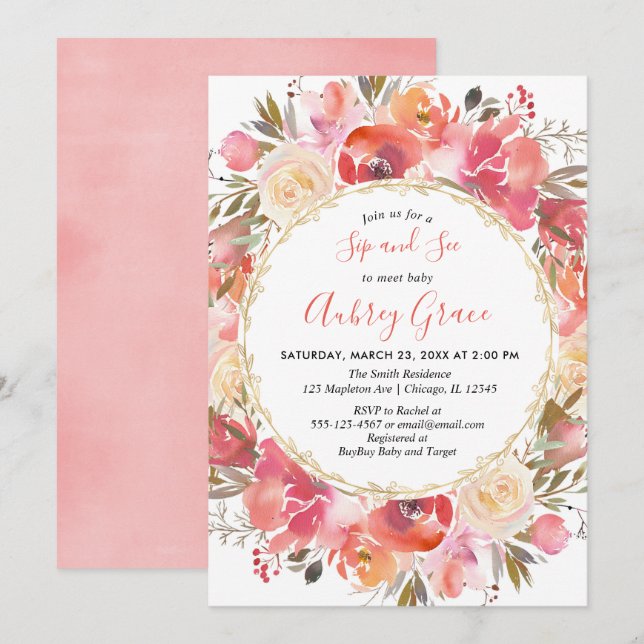 Invitation Sirotez et voyez l'aquarelle florale rose de (Devant / Derrière)