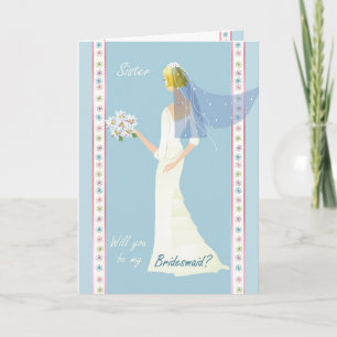 Invitation Sister, Bridesmaid, white dress on blue card