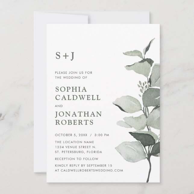 Invitation Site RSVP Eucalyptus Monogram Mariage (Devant)