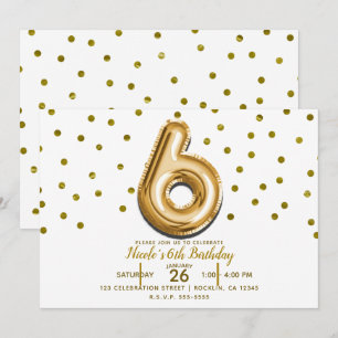 Invitation SIX 6 Gold Balloon & Confetti 6e anniversaire