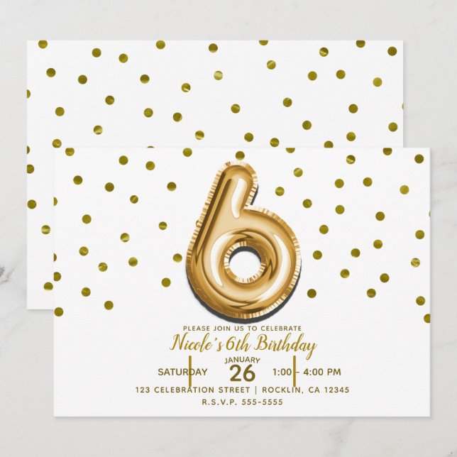 Invitation SIX 6 Gold Balloon & Confetti 6e fête d'anniversai (Devant / Derrière)