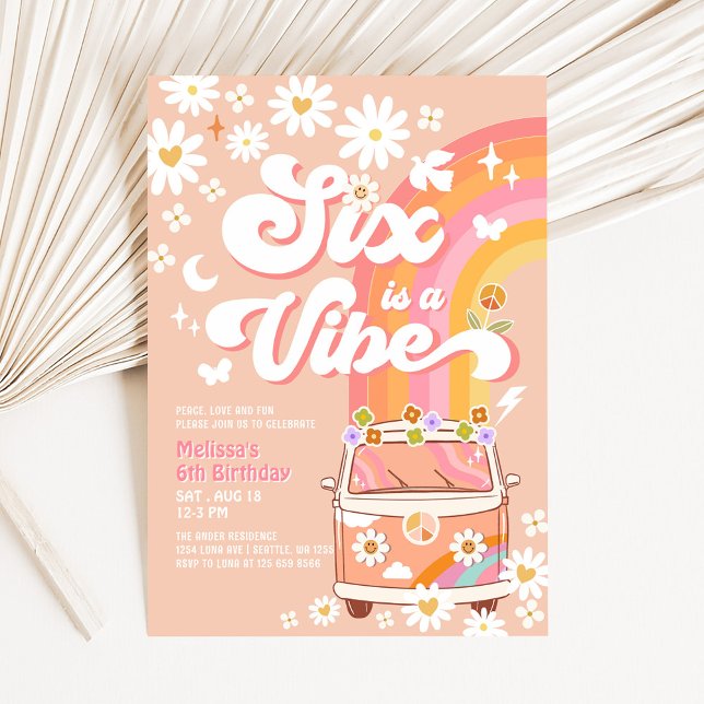 Invitation Six est Une Vibe Fille rose Peach Daisy 6e anniver (Créateur téléchargé)