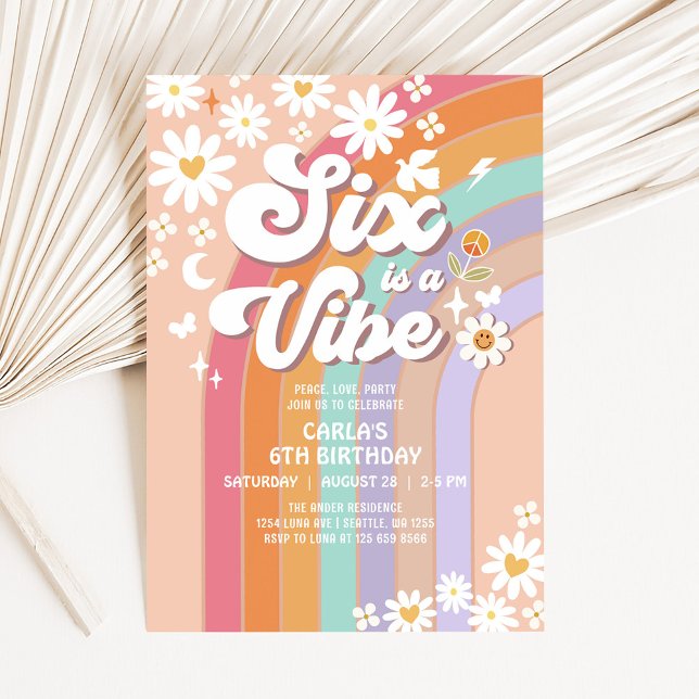 Invitation Six est Vibe Daisy Rainbow Super 6e anniversaire (Créateur téléchargé)