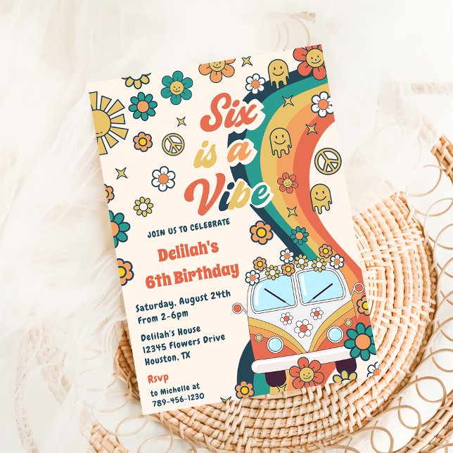 Invitation Six Is A Vibe Retro Floral 6th Birthday Party (Créateur téléchargé)