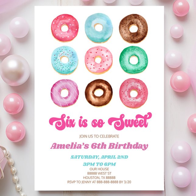 Invitation Six Is So Sweet Donut Sprinke 6e fête d'anniversai (Créateur téléchargé)