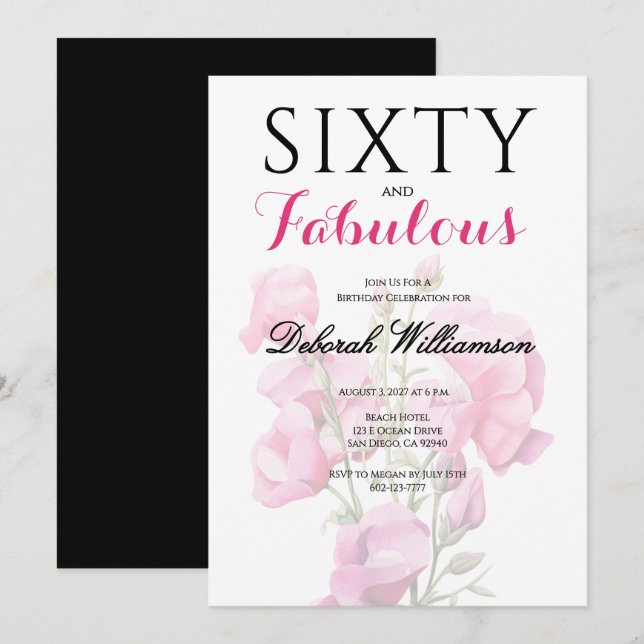 Invitation Sixty and Fabulous Black Pink 60th Birthday  (Devant / Derrière)