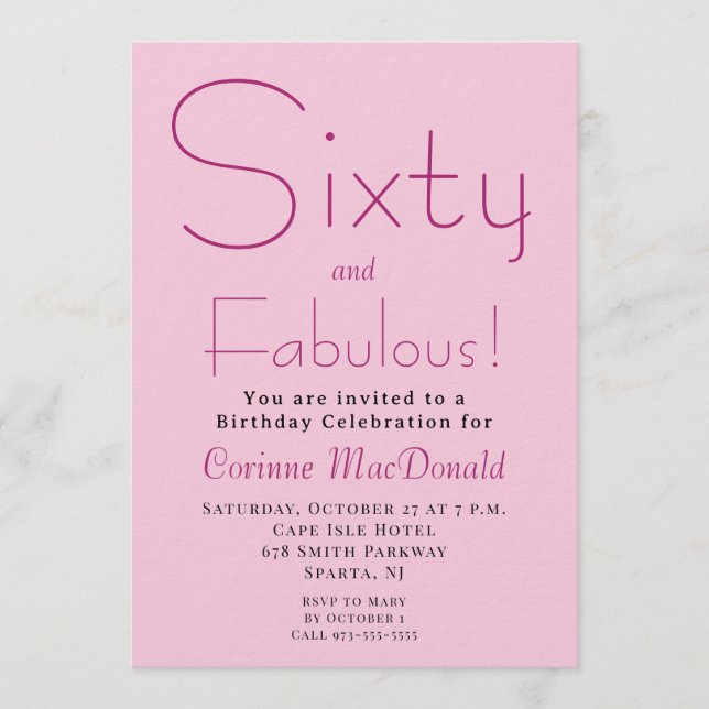 Invitation Sixty and Fabulous Blush Pink 60th Birthday Party (Devant)