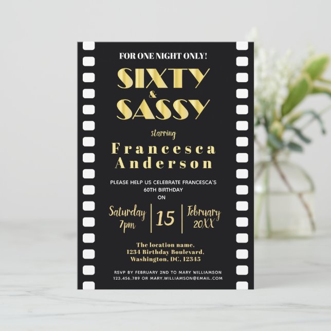 Invitation Sixy & Sassy Chic Black Gold 1920s Thème de cinéma (Debout devant)