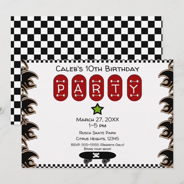 Invitation Skate Boarder Flames Skateboard fête d'anniversair (Devant / Derrière)