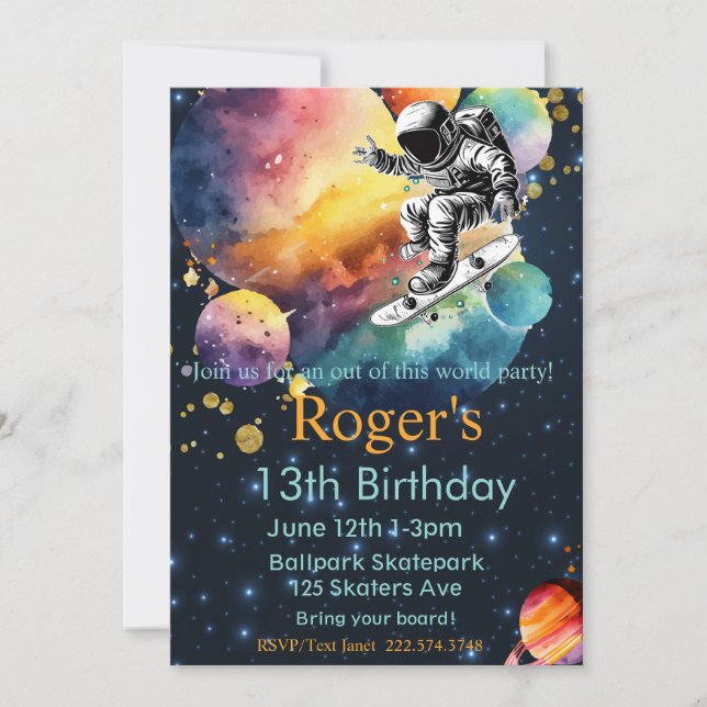 Invitation Skateboard Anniversaire, Astronaut Anniversaire, E (Devant)
