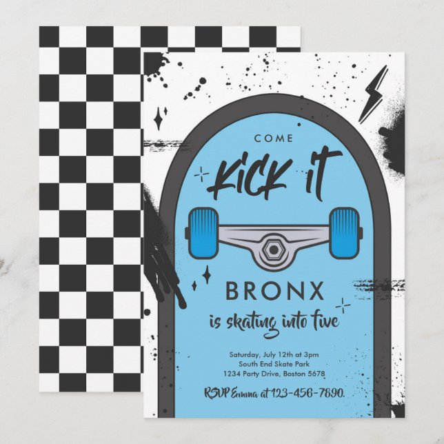 Invitation Skateboard Come Kick It Urban Sport Fête d'anniver (Devant / Derrière)