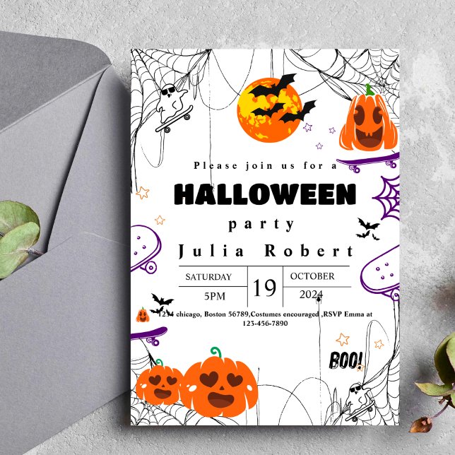 Invitation skateboard fantôme Halloween citrouille violet (Créateur téléchargé)