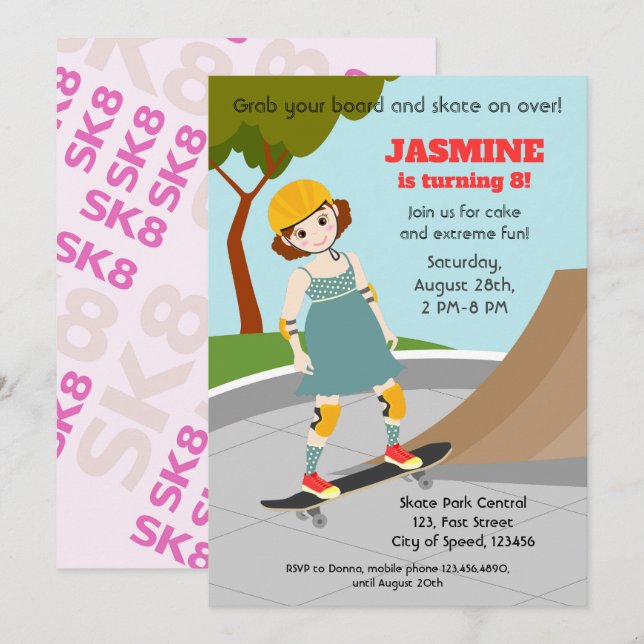 Invitation Skater Park Fun Girl Birthday Party (Devant / Derrière)