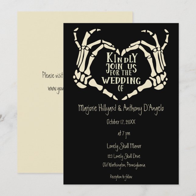 Invitation Skeleton En Forme Coeur Met Déplaisant Goth Mariag (Devant / Derrière)