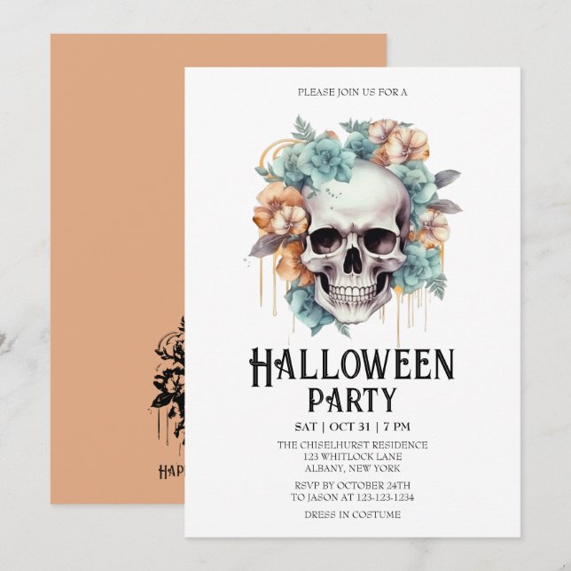 Invitation Skeleton Skull Flowers Mint Halloween Party (Devant / Derrière)