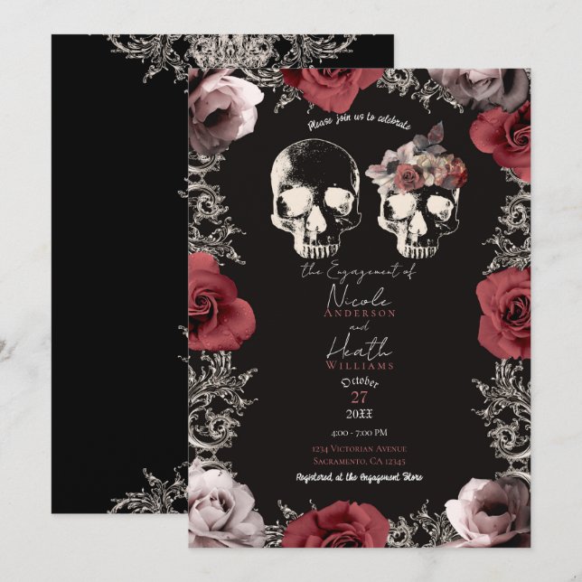 Invitation Skeleton Skull Mauve Dusty Rose Fiançailles gothiq (Devant / Derrière)