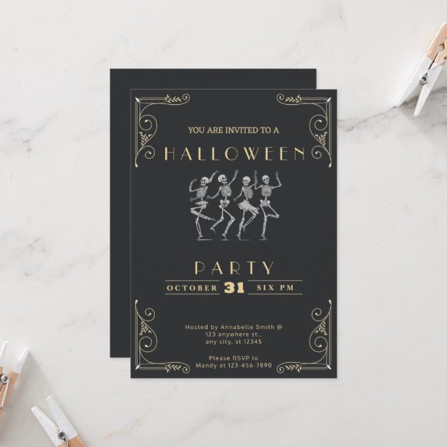Invitation Skeletons noir et or en argent Halloween (Devant/Arrière en situation)
