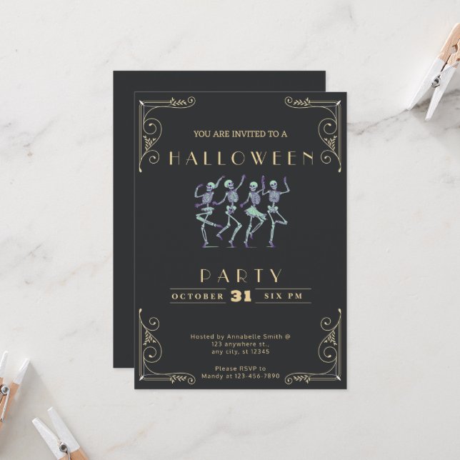 Invitation Skeletons noir et or vert Halloween (Devant/Arrière en situation)