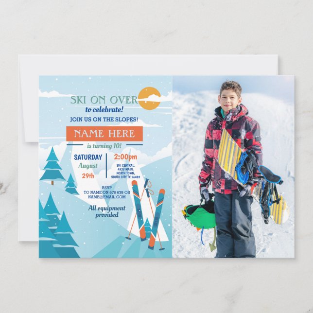 Invitation Ski Anniversaire Fête Pistes Ski Photo Neige (Devant)