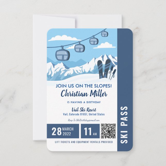 Invitation Ski Anniversaire Fête Pistes Ski Snowboard Ticket (Devant)