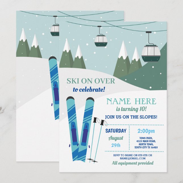 Invitation Ski Fête Anniversaire Pistes Ski Snowboard Neige (Devant / Derrière)