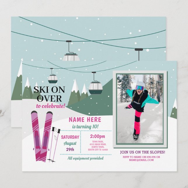 Invitation Ski Fête d'anniversaire Filles Ski Snowboard Photo (Devant / Derrière)
