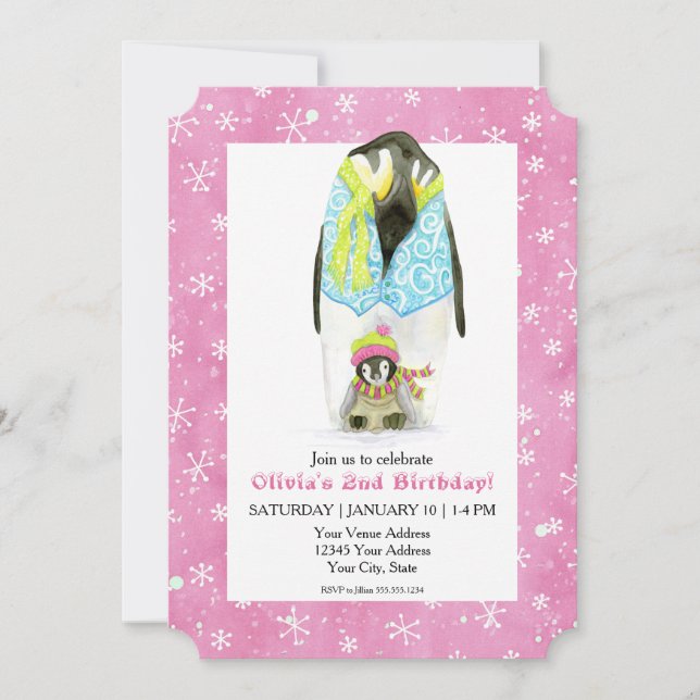 Invitation Ski Penguin Fille Anniversaire Fête Ski Flocon de  (Devant)